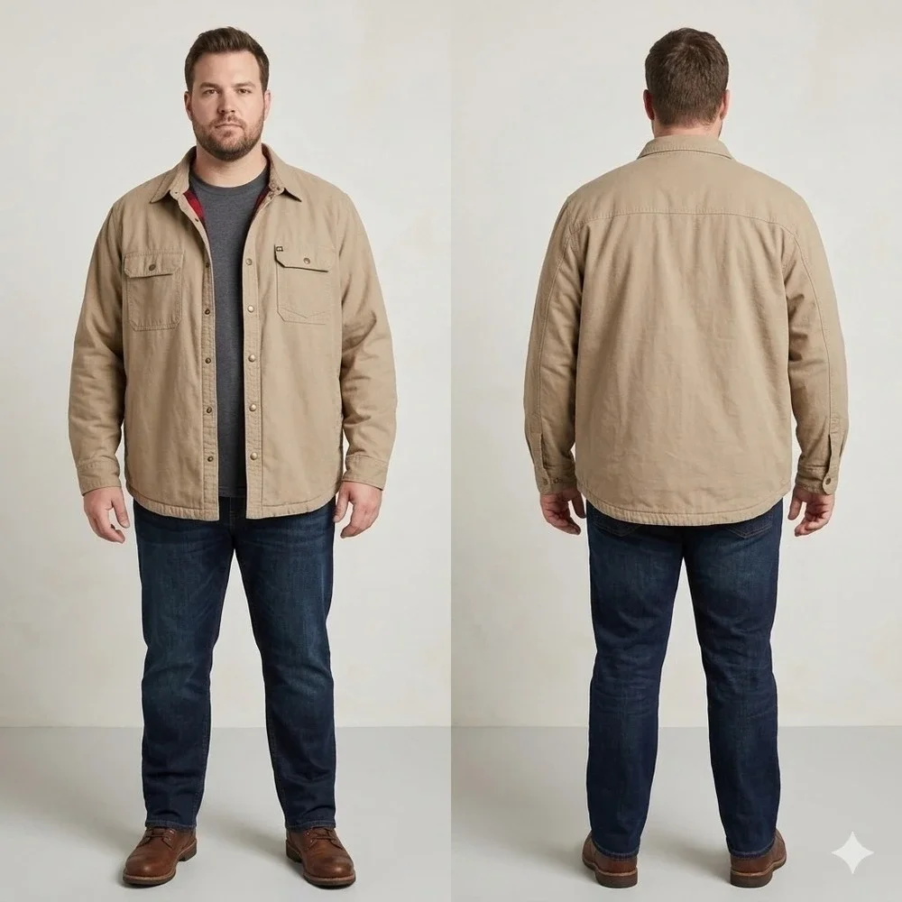 The American Outdoorsman Men's XXL Jacket Tan Canvas Fleece Lined Flannel Plaid